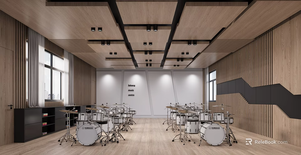 School Music Classroom With Drum Sets And Modern Design 3d model 