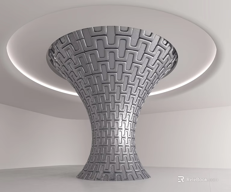 Silver Geometric Maze Pattern Pillar In Modern Minimalist Interior With Circular Lighting 3d model 
