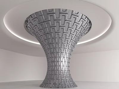 Silver Geometric Maze Pattern Pillar In Modern Minimalist Interior With Circular Lighting 3d model