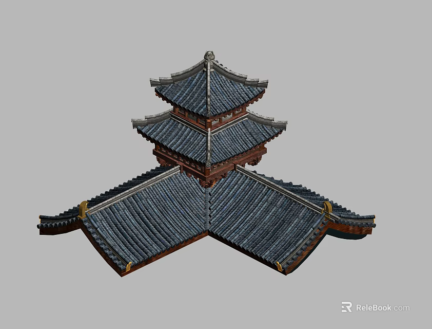Traditional Chinese Multi-tiered Roof Structure With Curved Eaves And Ceramic Tiles 3d model 