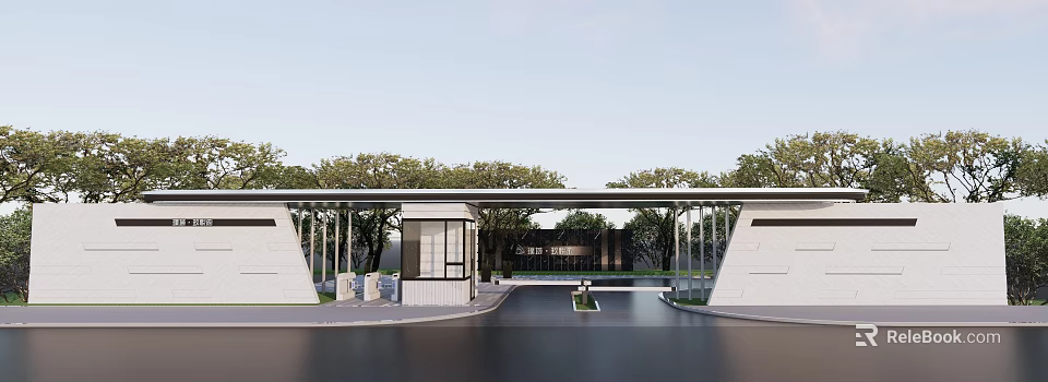 Modern Landscape Feature Wall Design With Lush Trees Reflective Path And Sleek Canopy 3d model 