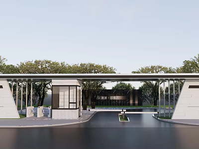 Modern Landscape Feature Wall Design With Lush Trees Reflective Path And Sleek Canopy 3d model