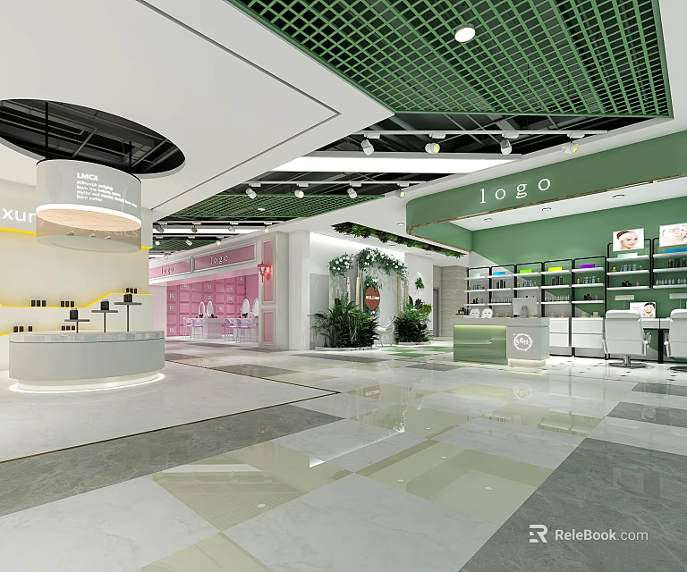 Specialty Store Interior With Green Ceiling Open Layout Product Shelves Green Plants And White Counter 3d model 