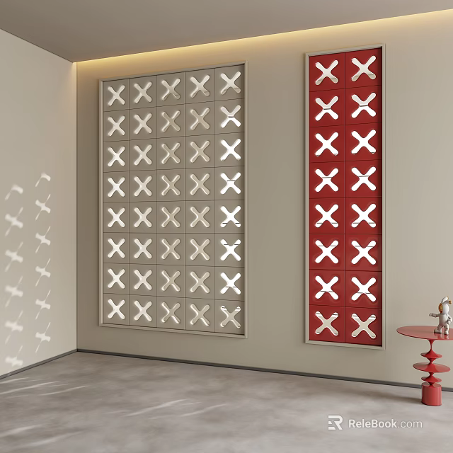 Modern Room Dividers with Silver and Red Grid Panels Featuring X Shapes in Interior Design 3d model 