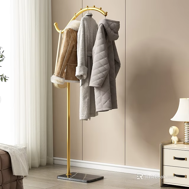 Gold Coat Rack with Brown Fur Coat and Gray Hooded Quilted Jacket in Room 3d model 