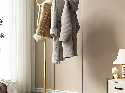 Gold Coat Rack with Brown Fur Coat and Gray Hooded Quilted Jacket in Room 3d model