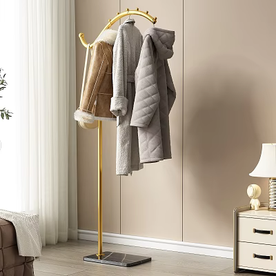 Gold Coat Rack with Brown Fur Coat and Gray Hooded Quilted Jacket in Room 3d model