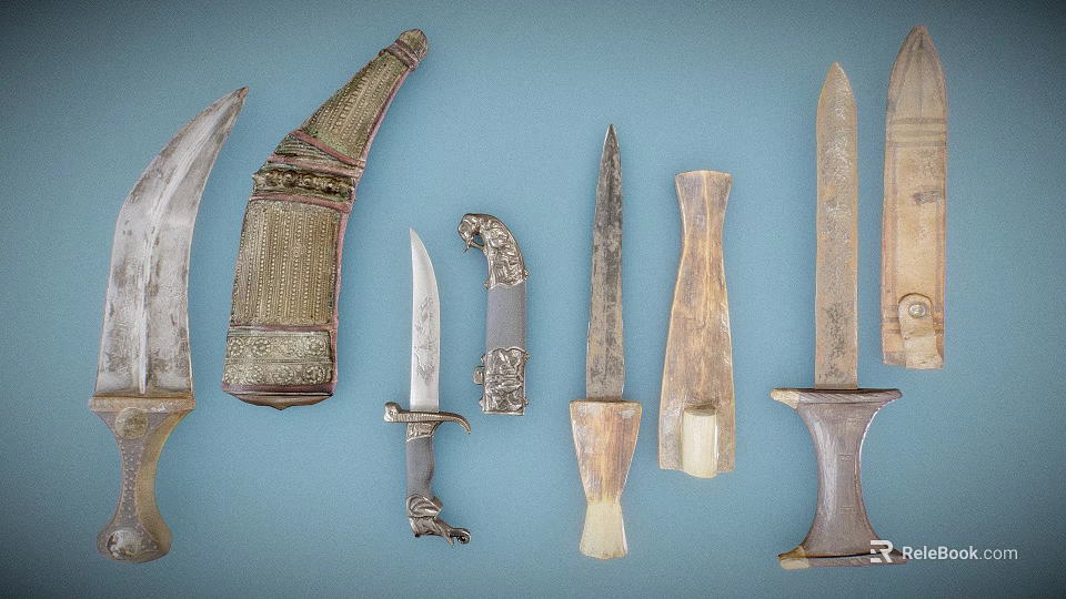 Antique Knives Collection With Diverse Blades And Decorative Handle Designs 3d model 