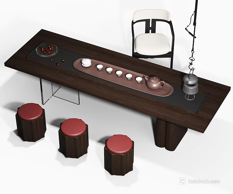 Dark Wooden Tea Table with White Chairs Red Stools and Tea Set 3d model