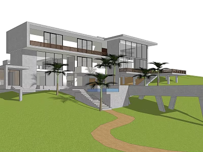 Modern Single Family Villa With Glass Windows Lush Lawn And Palm Trees 3d model