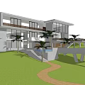 Modern Single Family Villa With Glass Windows Lush Lawn And Palm Trees