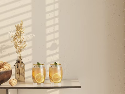Refreshing Drinks with Lemon Slices on Table Sunlight Through Blinds Dried Flowers and Cookies 3d model