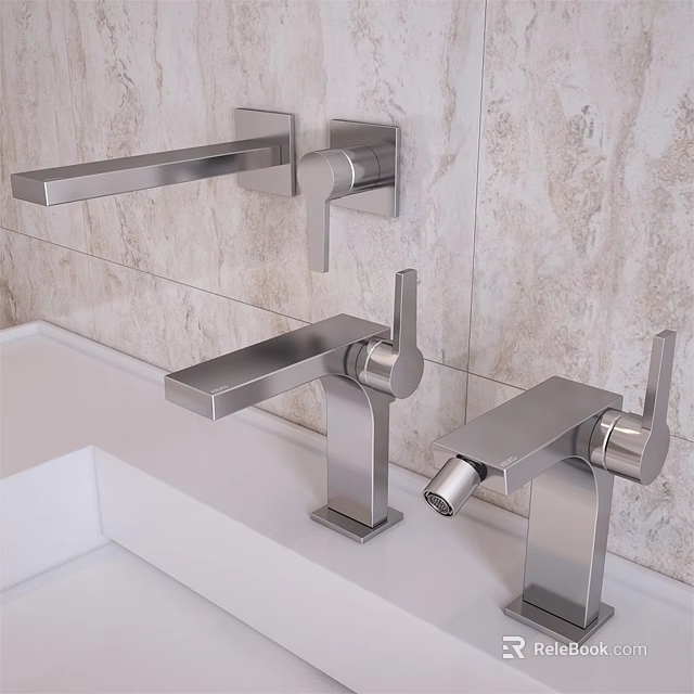 Sleek Modern Bathroom Faucets On White Countertop With Beige Tile Backdrop 3d model 