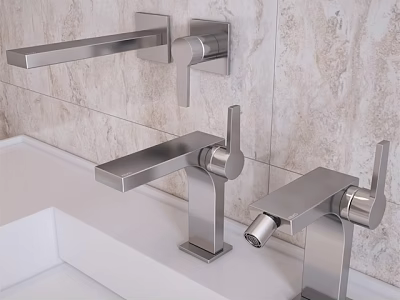 Sleek Modern Bathroom Faucets On White Countertop With Beige Tile Backdrop 3d model