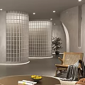 Modern Minimalist Beauty Salon Interior With Curved Reception Desk Circular Shelves And Grid Partitions
