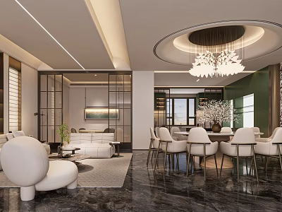 Modern Luxurious Open Layout Living And Dining Room With Exquisite Chandelier And Marble Flooring 3d model