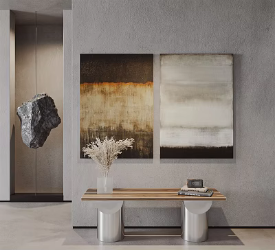 Modern Abstract Paintings on Gray Wall with Wooden Console Table Vase and Books 3d model