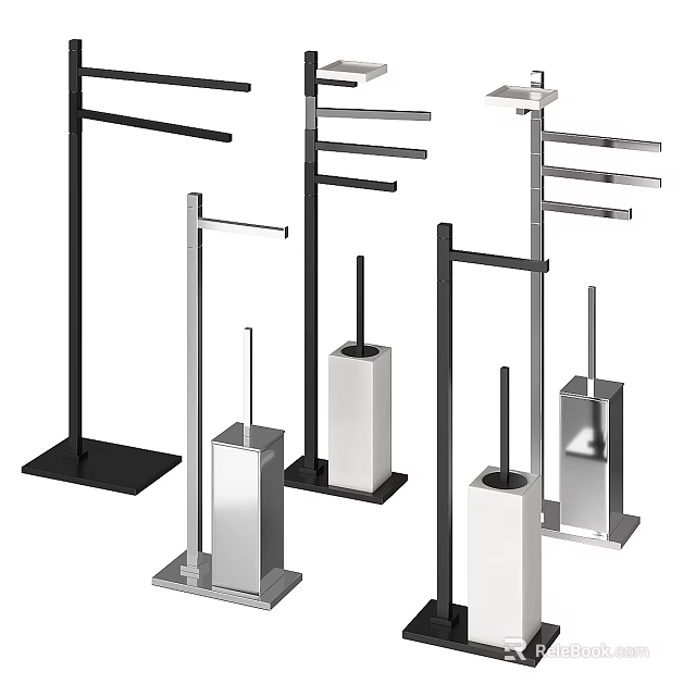 Stylish Modern Bathroom Accessories Collection Featuring Towel Racks And Toilet Brush Holders 3d model 