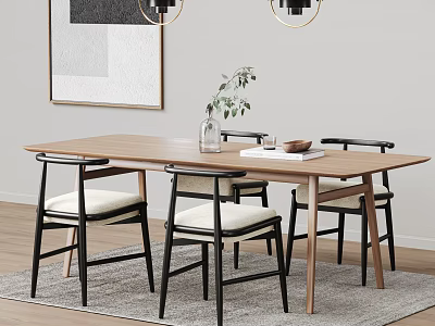 Modern Wooden Dining Table Set With Four Upholstered Chairs Vase Greenery And Rug 3d model