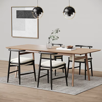 Modern Wooden Dining Table Set With Four Upholstered Chairs Vase Greenery And Rug 3d model