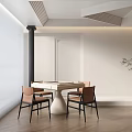 Modern Interior With Square Table Four Brown Chairs Wooden Floor Striped Blinds And White Walls