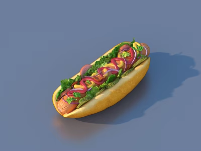 Delicious Hot Dog in Soft Bun With Fresh Lettuce Tomato Slices And Onion Rings 3d model