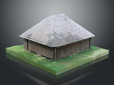 Wooden House Exterior With Gray Tiled Roof And Wooden Walls On Green Grass Base 3d model