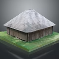 Wooden House Exterior With Gray Tiled Roof And Wooden Walls On Green Grass Base