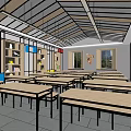 School Classroom With Neatly Arranged Tables Chairs Colorful Wall Decorations And Natural Light Through Windows