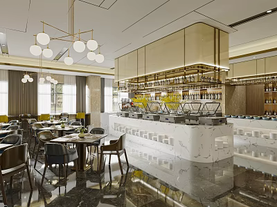 Elegant Modern Restaurant Interior With Chandeliers Dining Tables And Marble Bar Counter 3d model