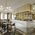 Elegant Modern Restaurant Interior With Chandeliers Dining Tables And Marble Bar Counter