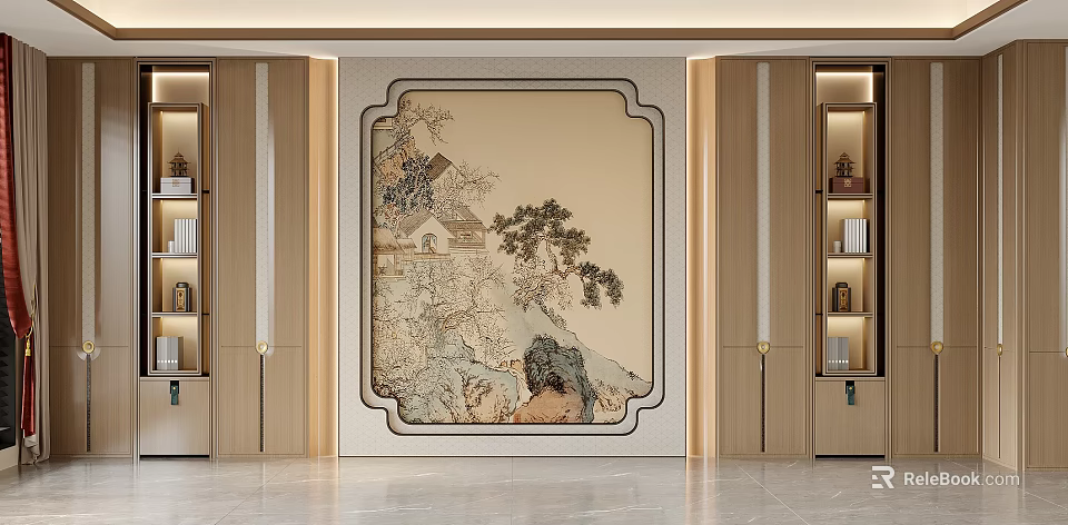 Chinese Style Background Wall with Traditional Landscape Painting and Wooden Cabinets in Interior Decor 3d model 