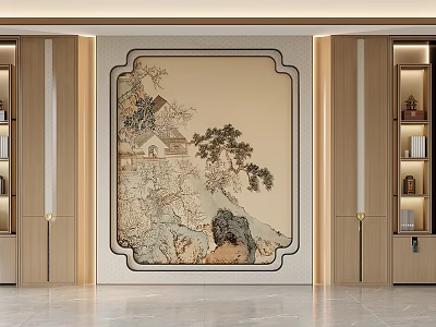 Chinese Style Background Wall with Traditional Landscape Painting and Wooden Cabinets in Interior Decor 3d model