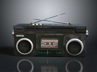 Vintage Black Radio Cassette Player With Cassette Tape And Antennas On Reflective Surface 3d model
