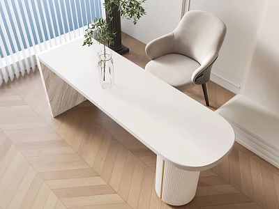 White Marble Office Desk With Gold Base Beige Chair And Green Plant Near Window 3d model
