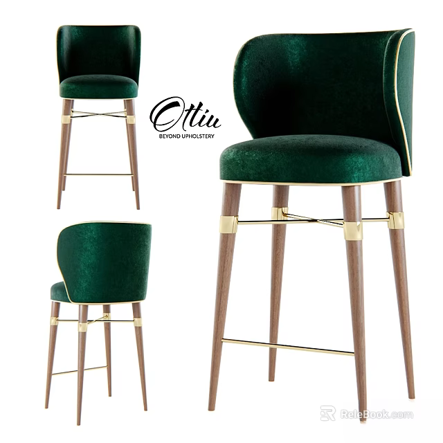 Green Velvet Bar Stool with Walnut Legs and Brass Accents for Modern Elegant Interior 3d model 