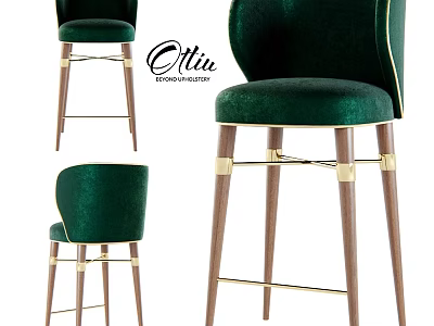 Green Velvet Bar Stool with Walnut Legs and Brass Accents for Modern Elegant Interior 3d model