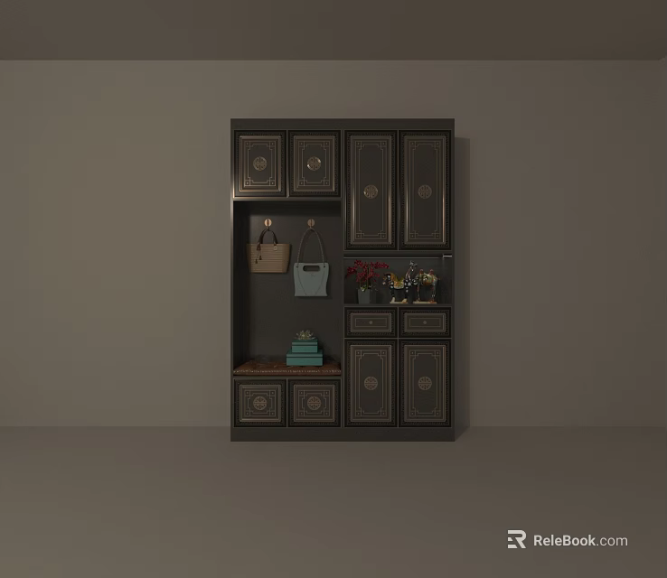 Stylish Dark Wooden Shoe Cabinet With Drawers Doors And Decorative Items 3d model 