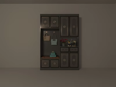 Stylish Dark Wooden Shoe Cabinet With Drawers Doors And Decorative Items 3d model