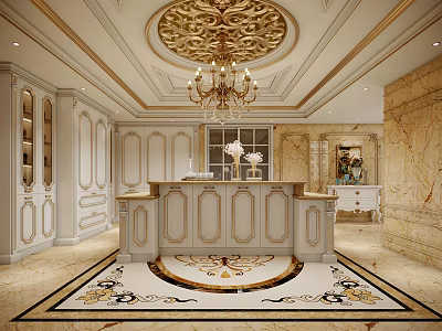 Luxurious Kitchen Interior With White Cabinets Gold Accents Ornate Ceiling Marble Counter And Chandelier 3d model