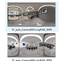 Aerial View Of Modern Office Space Layout With Multiple Desks Ergonomic Chairs Workstations And TV Screen