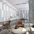 Modern Front Desk Reception Area With Marble Countertop Striped Accent Wall And Lighting