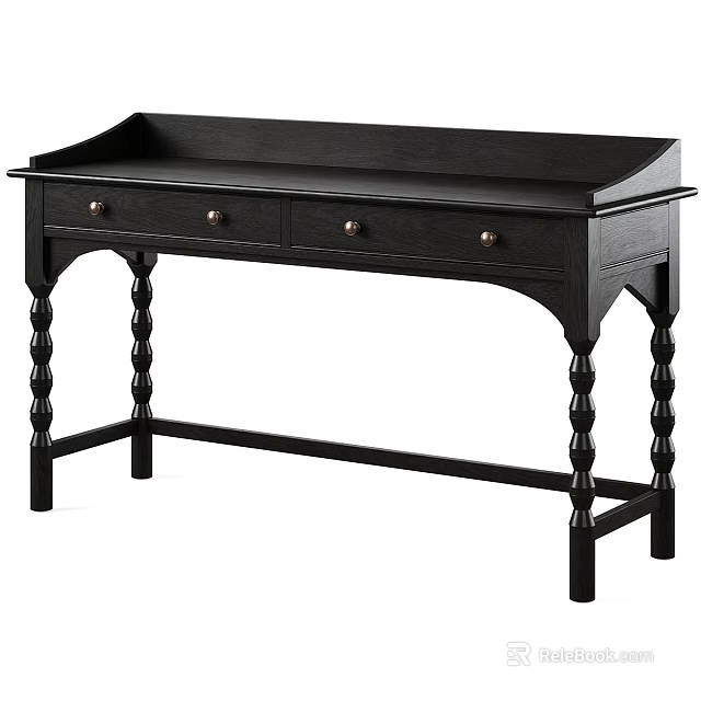 Classic Black Wooden Desk With Four Drawers And Spiral Legs Design 3d model 