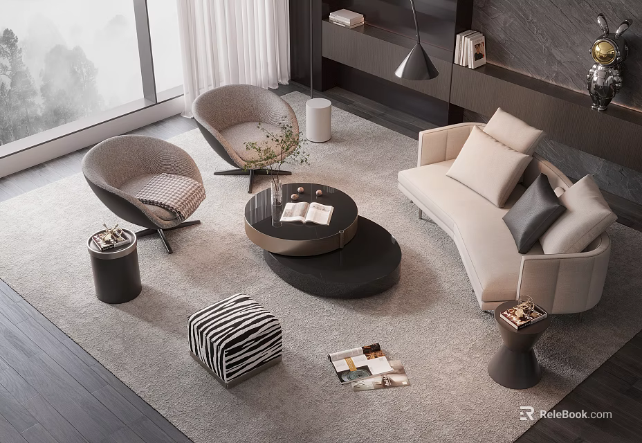 Modern Living Room Sofa and Coffee Table Set With Armchairs Rug and Decorative Items 3d model 