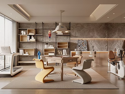 Modern Home Gym And Office Interior With Fitness Equipment And Shelves 3d model