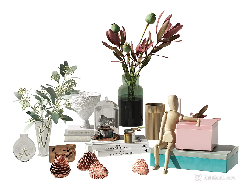 Decorative Ornament Set With Green Plants Dried Flowers Vase Wooden Figure Pine Cones And Boxes 3d model 
