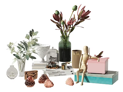 Decorative Ornament Set With Green Plants Dried Flowers Vase Wooden Figure Pine Cones And Boxes 3d model