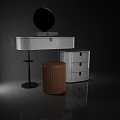 Modern White Dressing Table Featuring Round Mirror Brown Stool And Storage Drawers 3d model