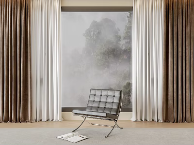Elegant White And Brown Curtains For Modern Interior With Window View And Black Chair 3d model