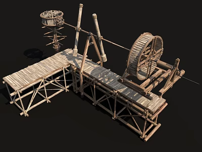 Ancient Wooden Industrial Equipment Featuring Wheel Platform Support Structure And Mechanical Design 3d model